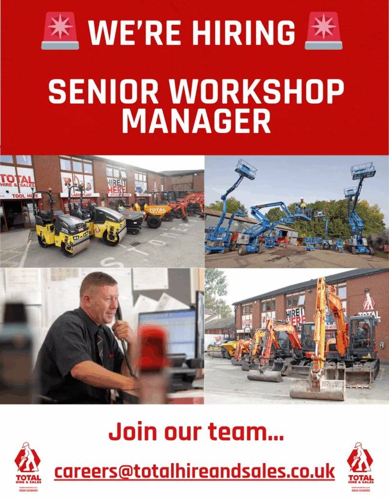 image of text that says "WE'RE HIRING SENIOR WORKSHOP MANAGER OTAL HIRE &SALES